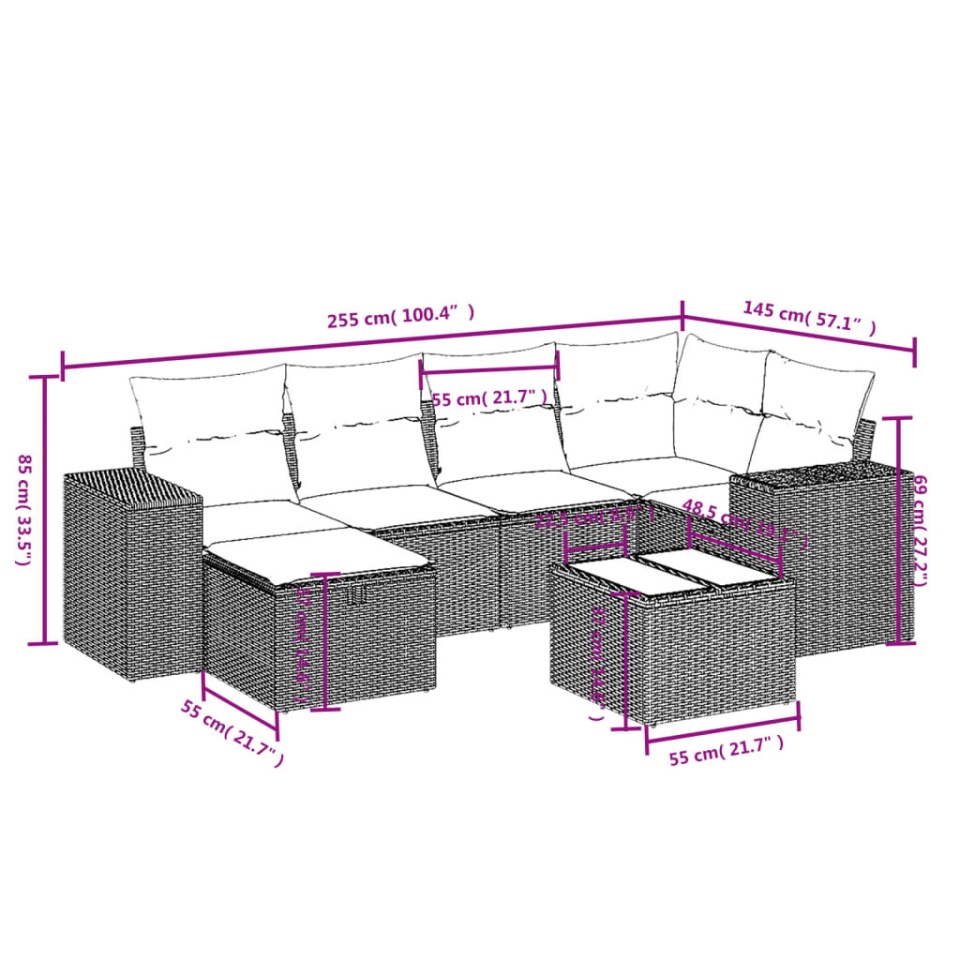 Set canapele de grădină cu perne, 7 piese, maro, poliratan - 3 | YEO