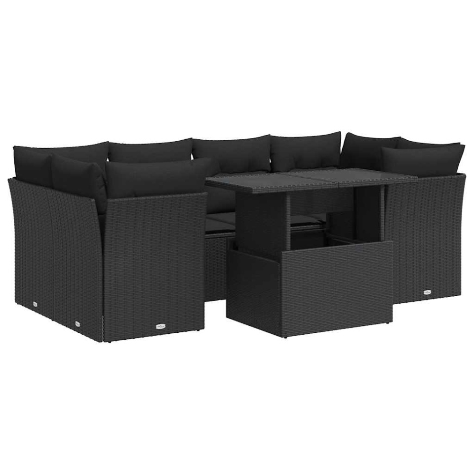 Set canapele de grădină cu perne, 7 piese, negru, poliratan - 1 | YEO
