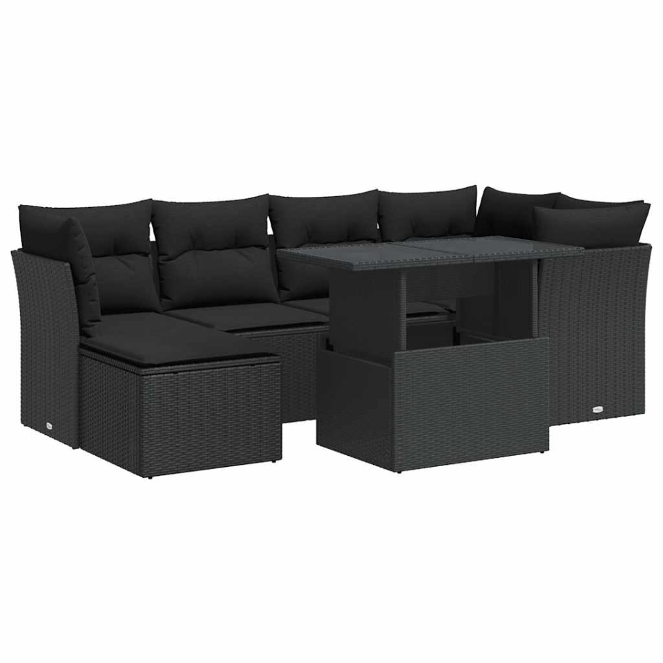 Set canapele de grădină cu perne, 7 piese, negru, poliratan - 1 | YEO