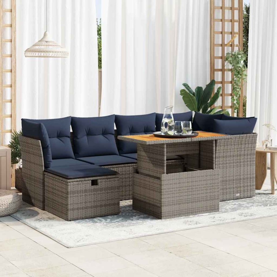 Set canapele grădină perne 7 piese negru, poliratan/lemn acacia
