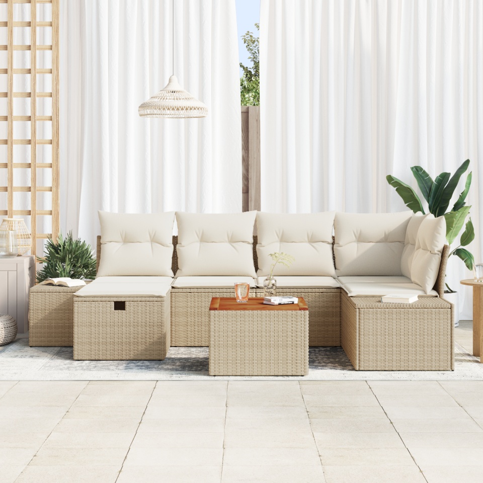 Set de 7 piese de sofa de grădină cu perne Bej din ratan poliesteric - 2 | YEO