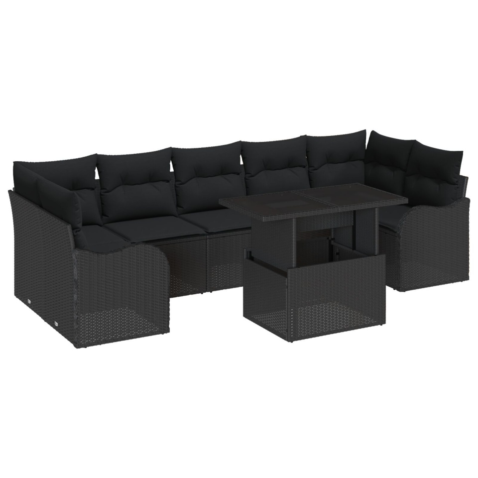 Set de 8 Piese de Sofa de Grădină cu Perne Negru Poliratan, Sofa de Grădină cu 2 Locuri cu Perne Negru Poliratan - 1 | YEO