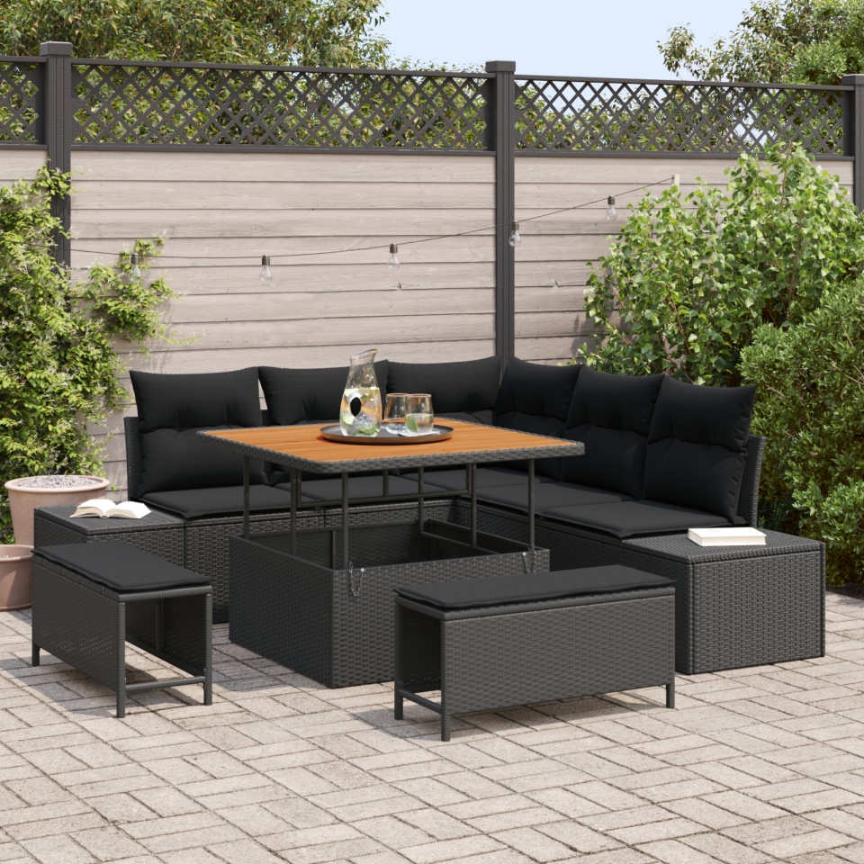 Set de 8 piese pentru grădină cu perne Negru Poliratan Acacia, Sofa de grădină cu 2 locuri și depozit & perne Negru Poliratan, Set de dining pentru grădină cu 3 piese și perne Negru Poliratan Acacia
