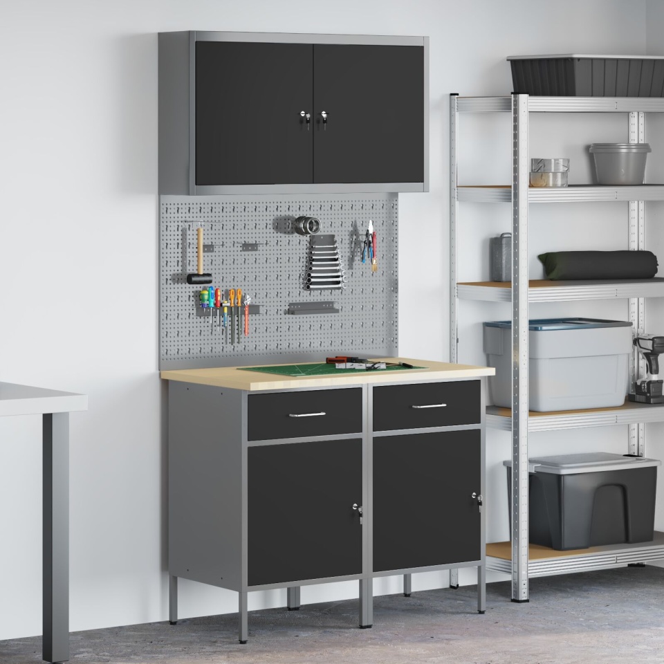 Set de birou și panou cu suport de 5 piese , MDF și metal negru