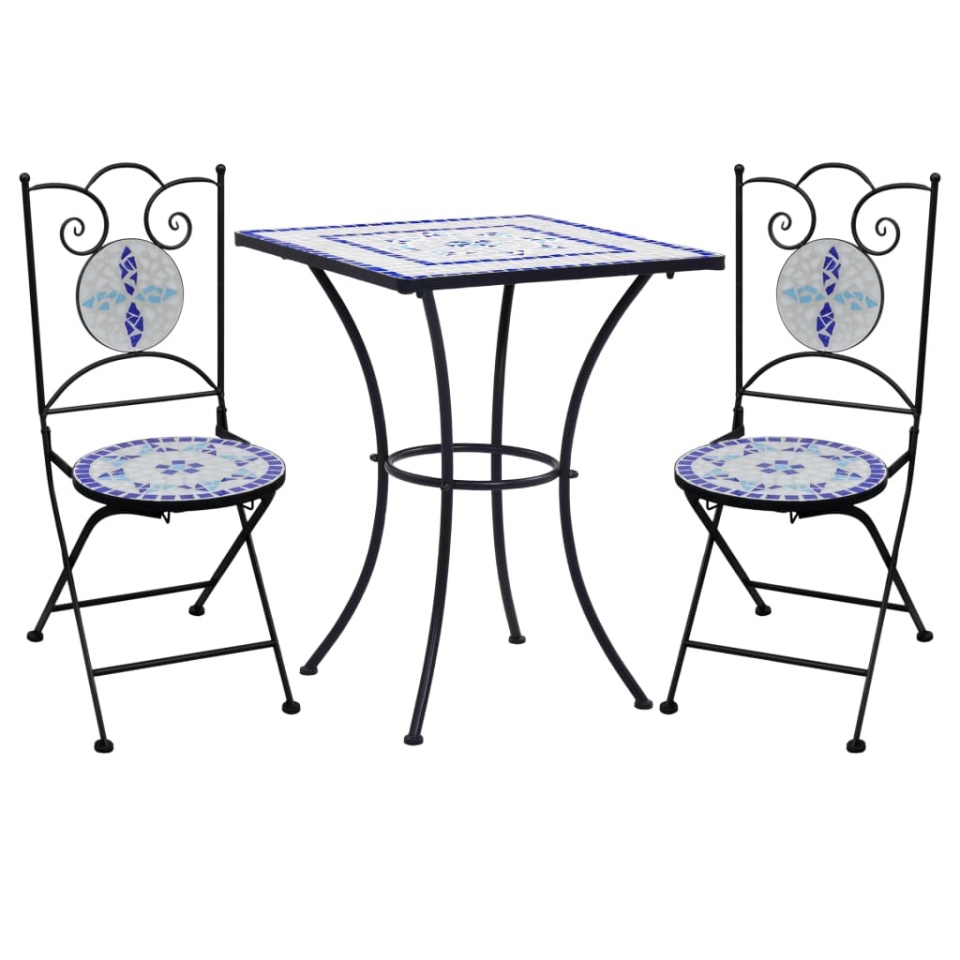 Set de bistro mozaic, 3 piese, albastru & alb, placă ceramică