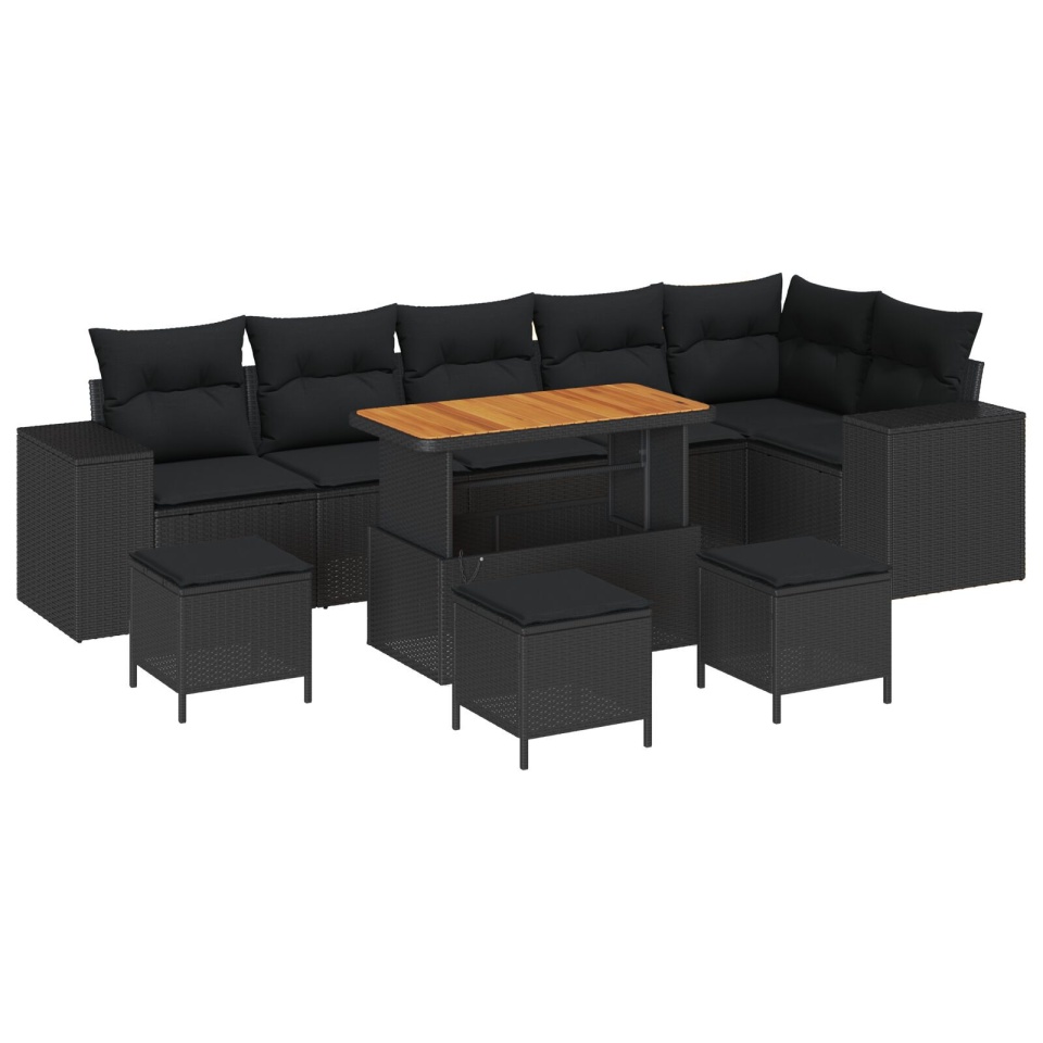 Set de canapea de grădină 10 piese cu perne Ratan sintetic negru Acacia, Set de dining de grădină 4 piese cu perne Ratan sintetic negru Acacia - 1 | YEO
