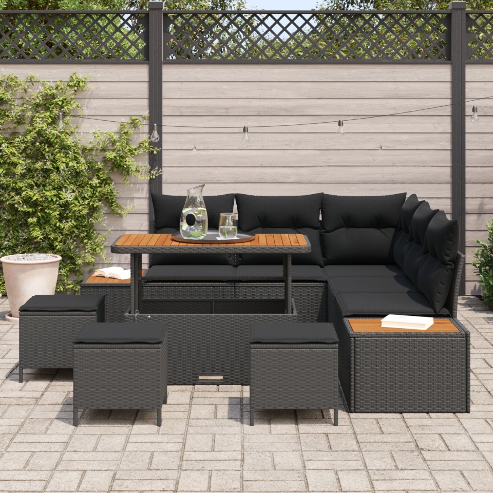 Set de canapea de grădină 8 piese cu perne Negru Poliratan Acacia, Set de dining de grădină 3 piese cu perne Negru Poliratan Acacia - 2 | YEO