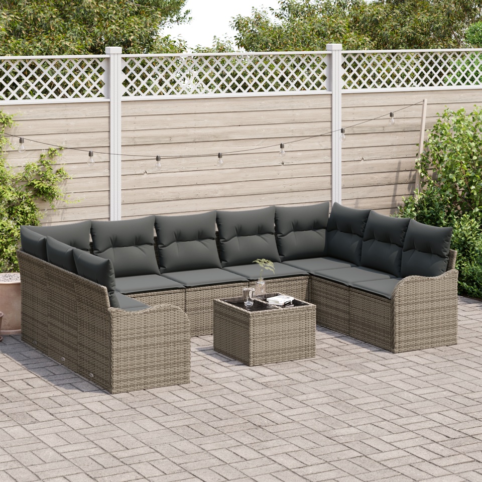 Set de canapea de grădină 9 piese cu perne negre din rattan poli, Set de canapea de grădină cu două locuri cu perne gri din rattan poli - 2 | YEO