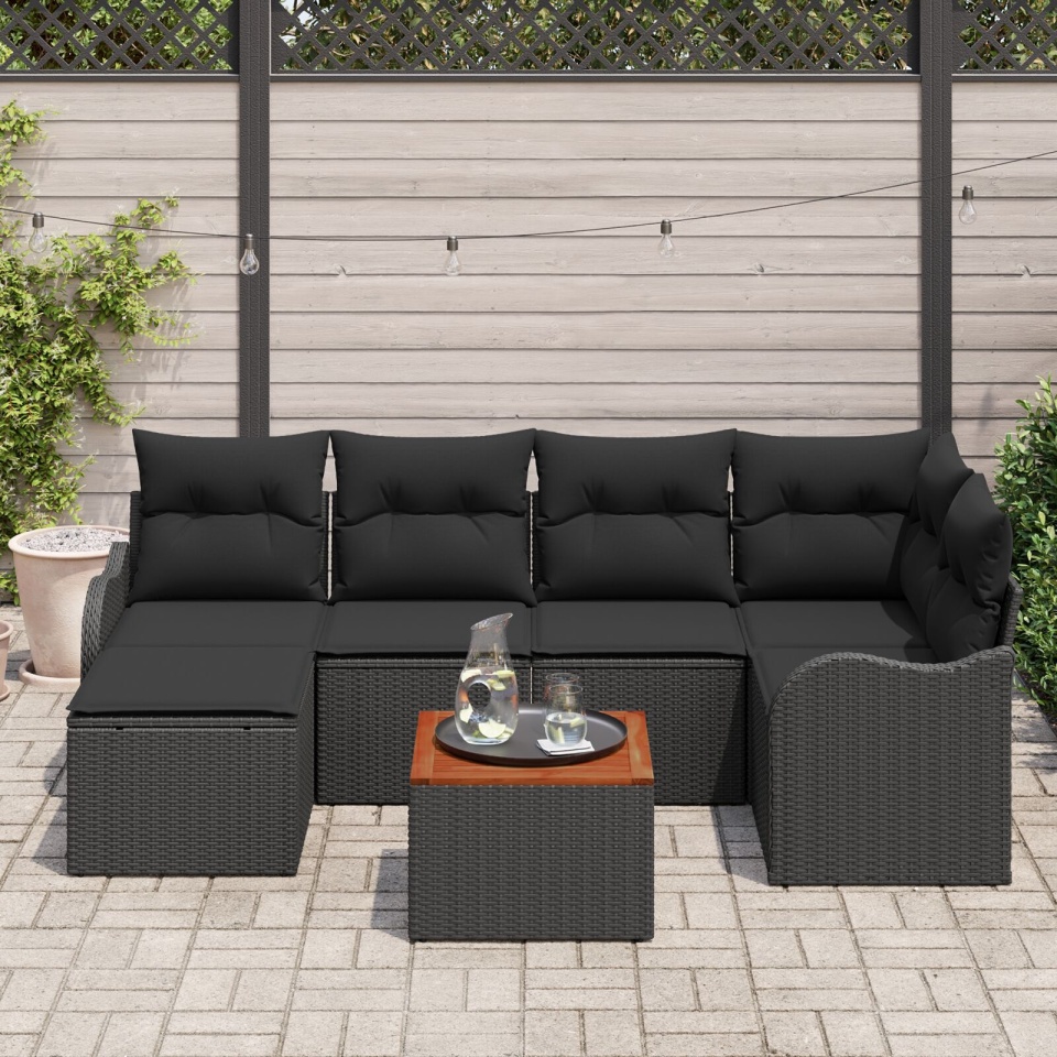 Set de canapea de grădină cu 7 piese, cu perne, poly rattan negru, acacia, Canapea de grădină cu două locuri cu depozitare și perne, negru, poly rattan - 2 | YEO