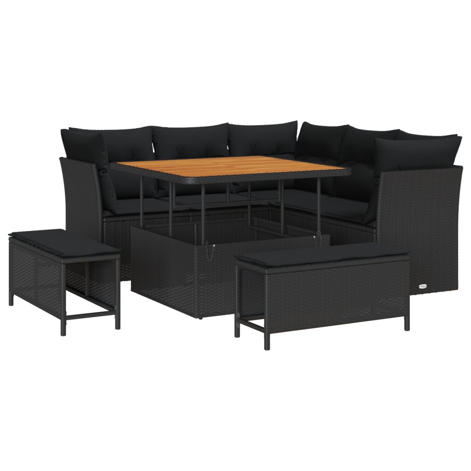 Set de Canapea Grădină cu 8 Piese Ratan Polu Negru Acacia, Set de Masă Grădină cu 3 Piese Ratan Polu Negru Acacia - 1 | YEO