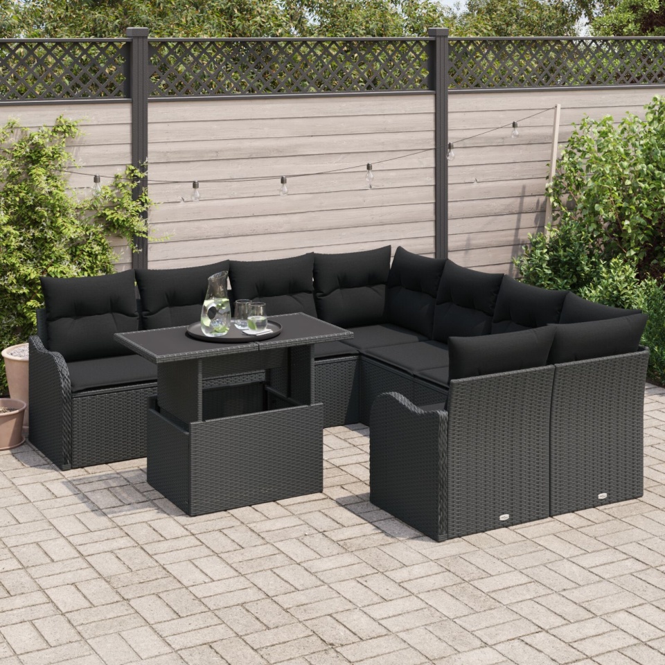 Set de canapea grădină cu 9 piese cu perne Ratan Poly Negru , Canapea de grădină cu 2 locuri cu perne Ratan Poly Negru - 2 | YEO