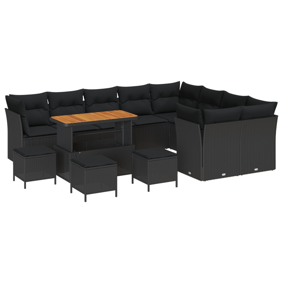 Set de Canapea pentru Grădină cu 13 Piese și Perne Negru Poliratan Acacia, Set de Dining pentru Grădină cu 4 Piese și Perne Negru Poliratan Acacia - 1 | YEO