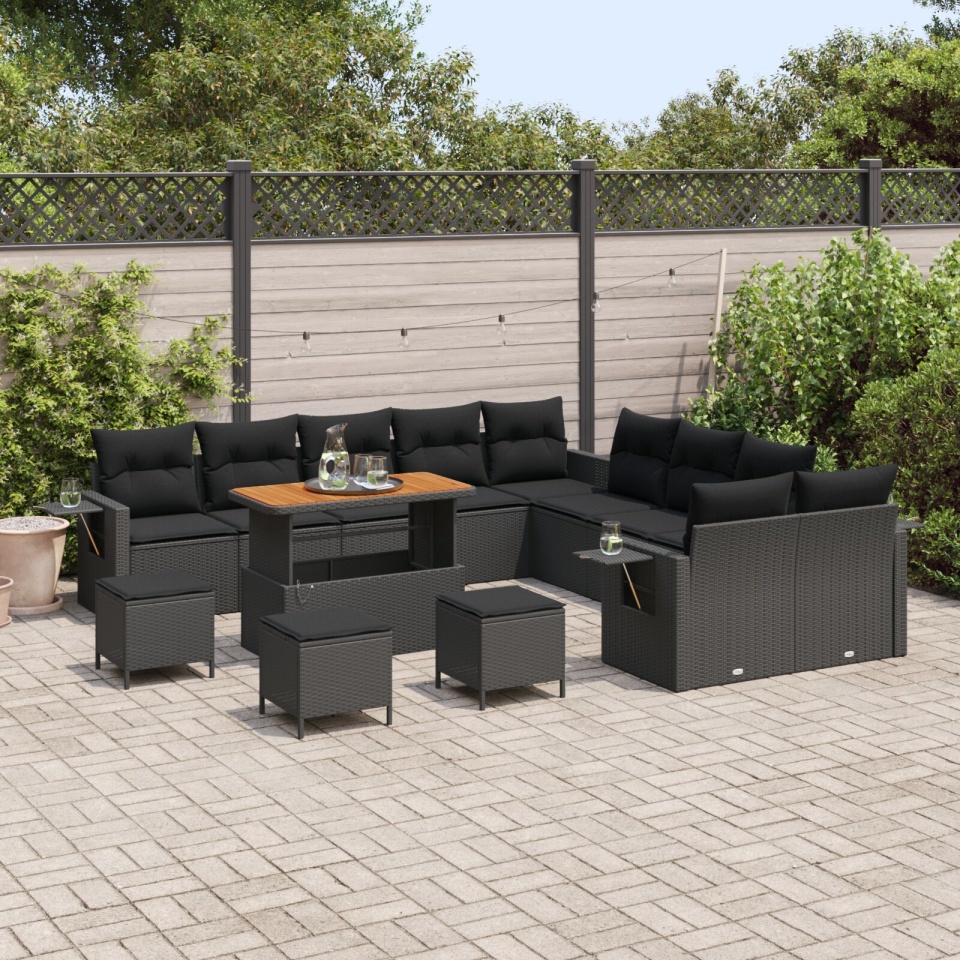 Set de canapea pentru grădină cu 14 piese și perne Negru Ratan Poli Acacia, Set de dining pentru grădină cu 4 piese și perne Negru Ratan Poli Acacia - 2 | YEO