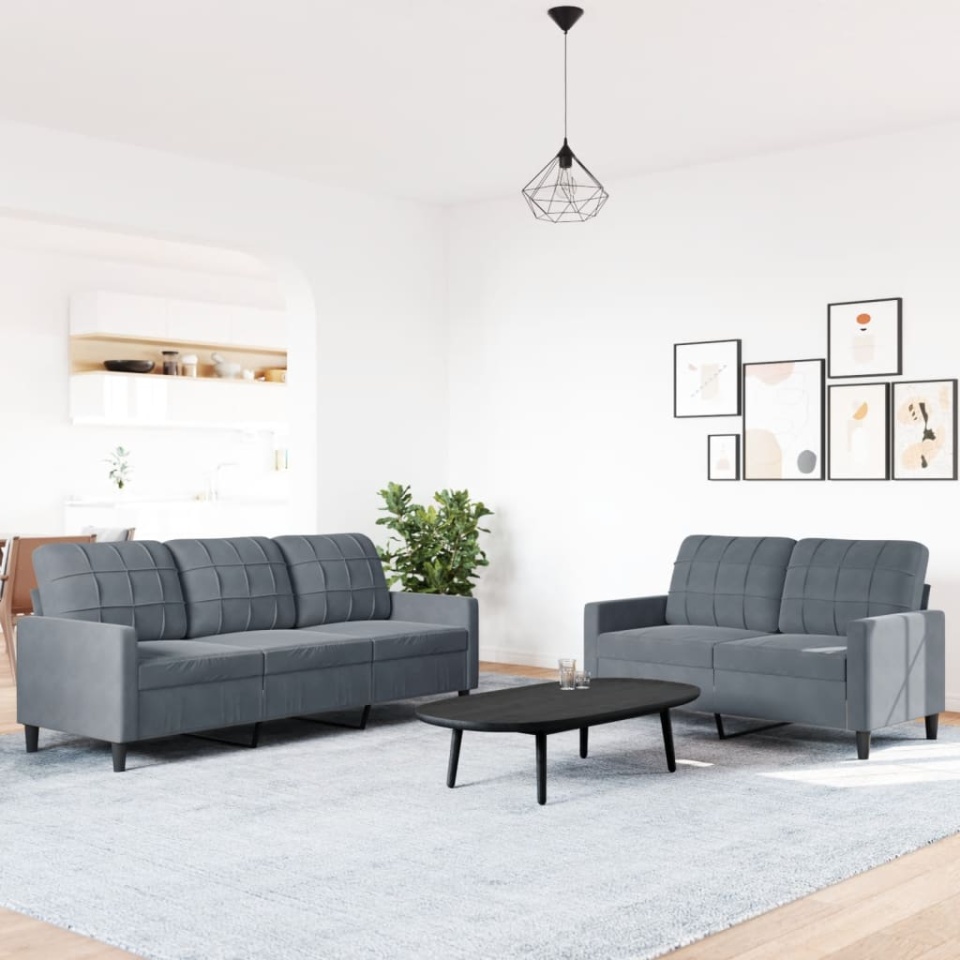 Set de canapele cu perne, 2 piese, gri închis, catifea - 2 | YEO