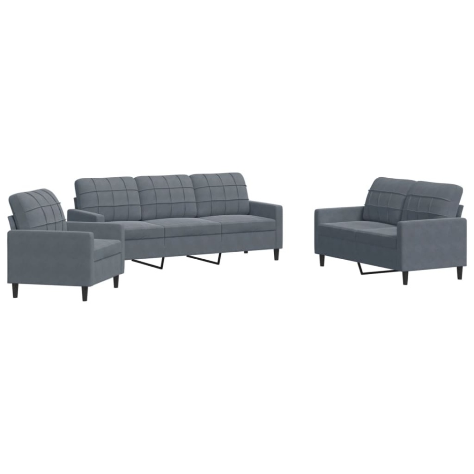 Set de canapele cu perne, 3 piese, gri închis, catifea - 1 | YEO