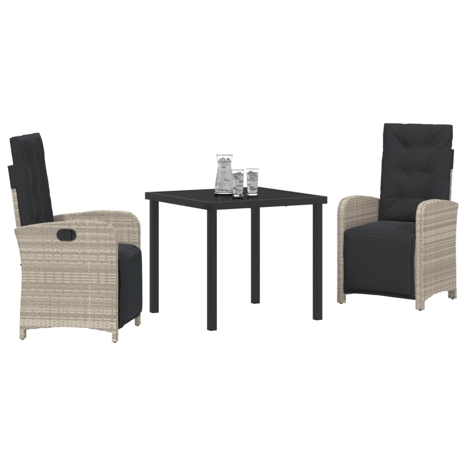 Set de dining grădină 3 piese perne gri deschis ratan poliester, Masă de grădină neagră 80x80x73 cm din sticlă securizată - 2 | YEO