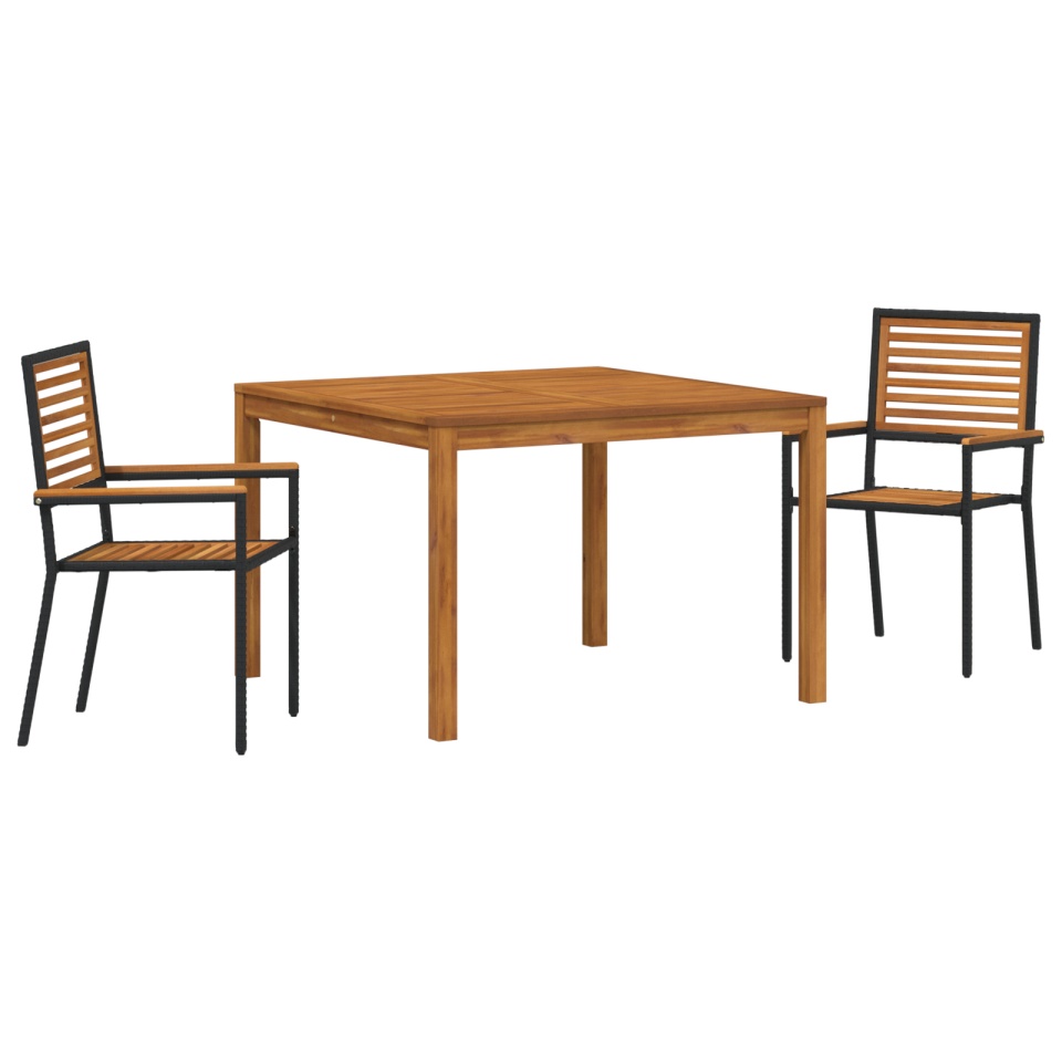 Set de dining pentru grădină 3 piese din poli rattan negru și acacia, Scaune de grădină stivuibile cu perne 2 buc poli rattan negru - 1 | YEO