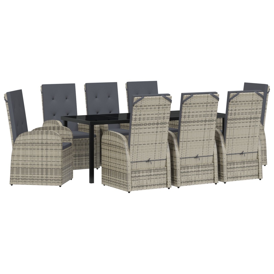 Set de dining pentru grădină , 9 piese, cu perne, gri, poliratan - 1 | YEO
