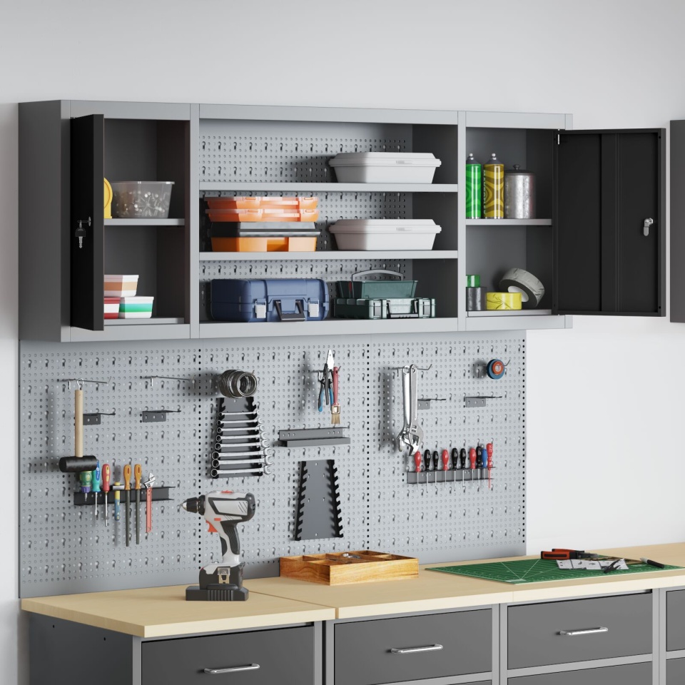 Set de dulap de unelte și panou de prindere , 6 piese, montat pe perete, metal negru - 3 | YEO