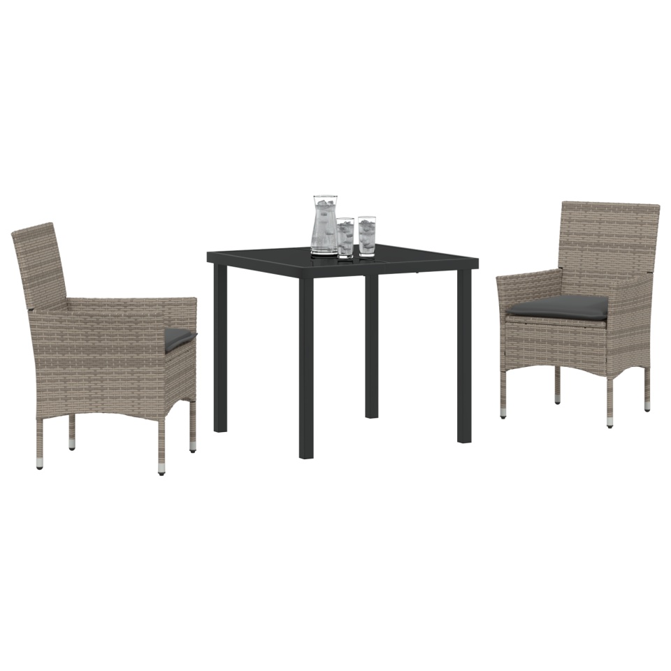 Set de mese pentru grădină cu perne din ratan sintetic gri în 3 piese, Masă de grădină Neagră 80x80x73 cm din sticlă securizată - 2 | YEO