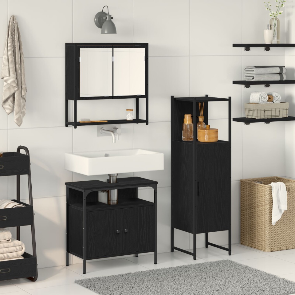 Set de mobilier pentru baie 3 piese stejar negru lemn compus
