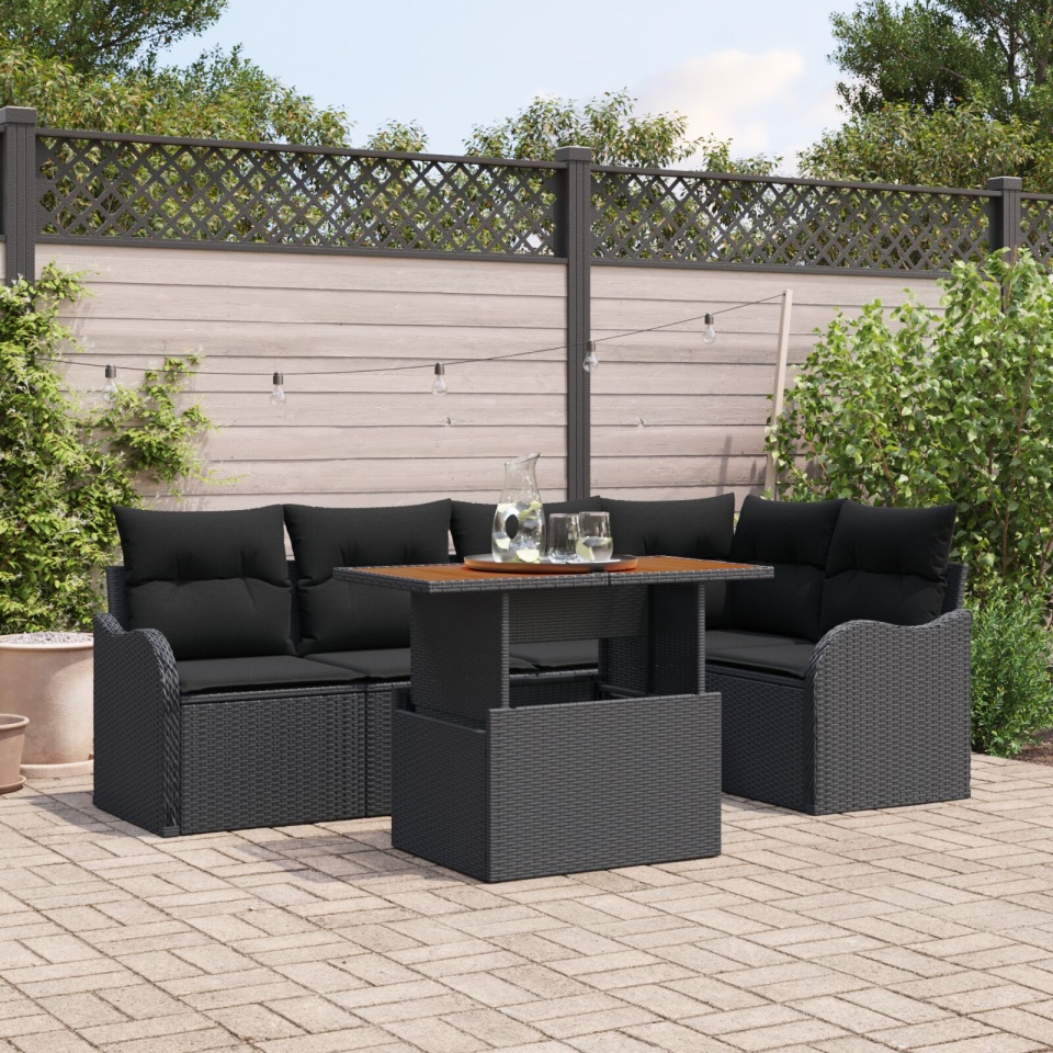 Set de Sofa de Grădină cu 6 Piese și Perne din Ratan Poli Negru, Sofa de Grădină cu 2 Locuri și Spațiu de Stocare & Perne din Ratan Poli Negru