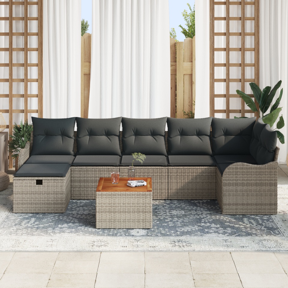 Set de Sofa de Grădină cu 8 Piese cu Pernuțe Gri Ratan Polimeric, Sofa de Grădină cu 2 Locuri cu Pernuțe Gri Ratan Polimeric - 2 | YEO