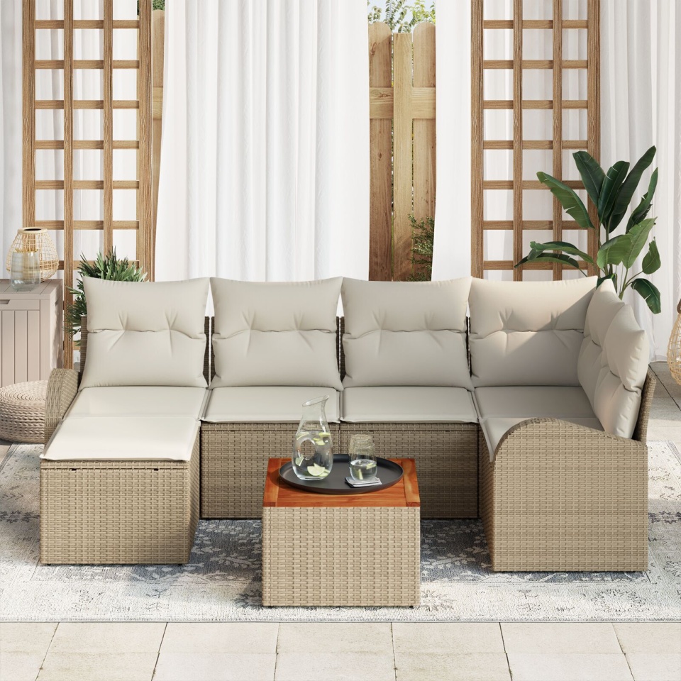 Set de Sofa pentru Grădină cu 7 Piese și Perne Bej Ratan Polimeric Acacia, Sofa de Grădină pentru 2 Persoane cu Spațiu de Depozitare și Perne Bej Ratan Polimeric - 2 | YEO