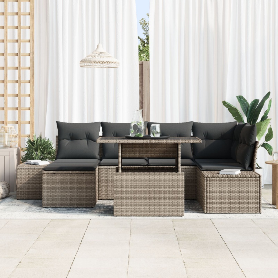 Set de Sofa pentru Grădină Set de 7 Gri Ratan, Perne - 2 | YEO