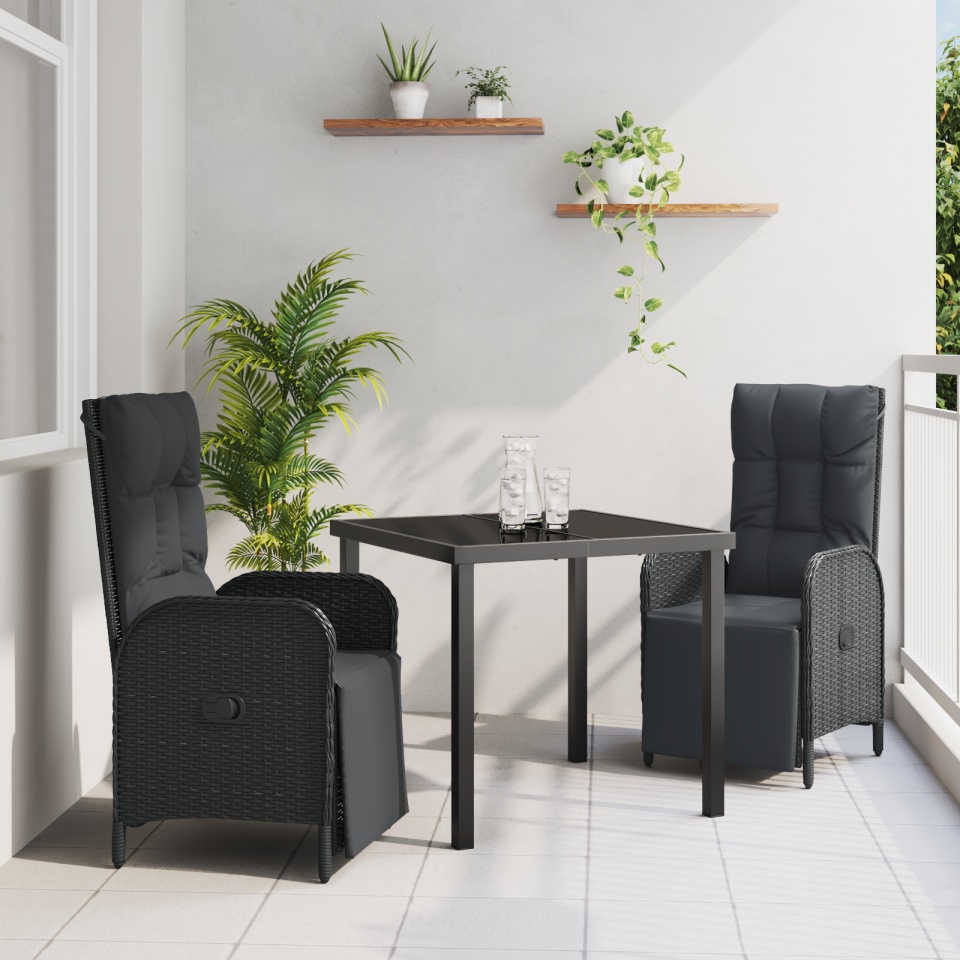Set Dining Grădină cu Pernă Negru Rattan Poli