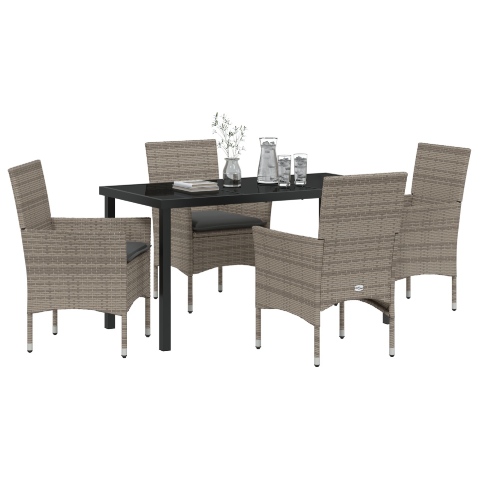 Set Masă Grădină 5 Piese cu Perne Gri Poliratan, Masă Neagră 140x80x73 cm din Sticlă de Siguranță - 2 | YEO