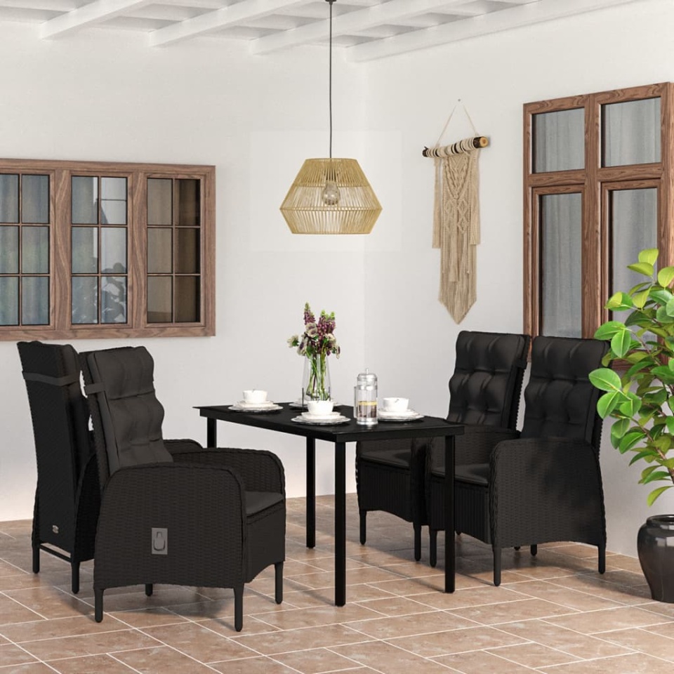 Set masă pentru grădină, 5 piese, cu perne, negru