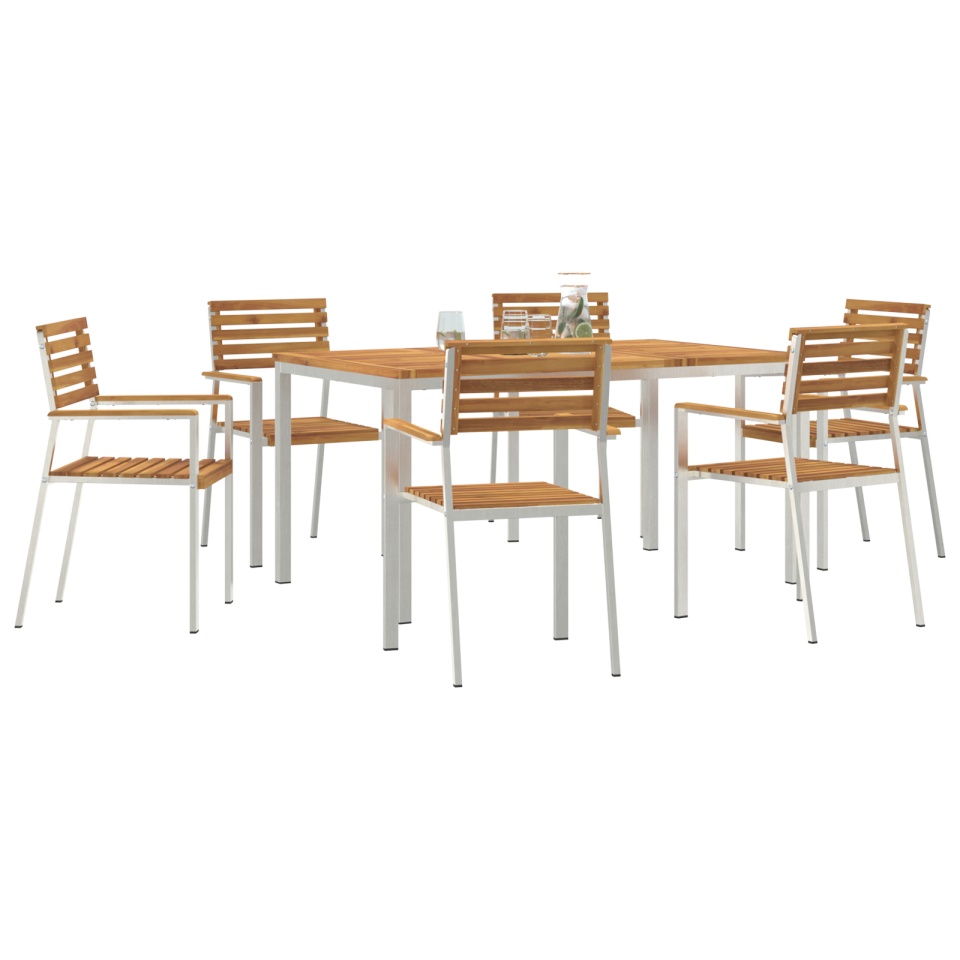Set mese grădină 7 piese lemn masiv de acacia, Masă dining 150x90x75 cm lemn masiv de acacia, Scaune terasă stackable 2 buc lemn masiv de acacia și oțel, Scaune terasă stackable 4 buc lemn masiv de acacia și oțel - 2 | YEO