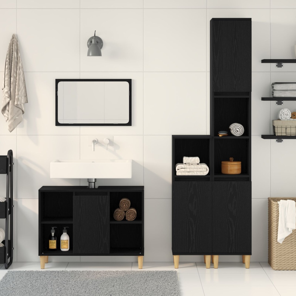 Set mobilier baie 3 piese stejar negru lemn prelucrat, Dulap baie stejar negru 30x30x190 cm lemn prelucrat, Dulap baie stejar negru 30x30x100 cm lemn prelucrat - 3 | YEO