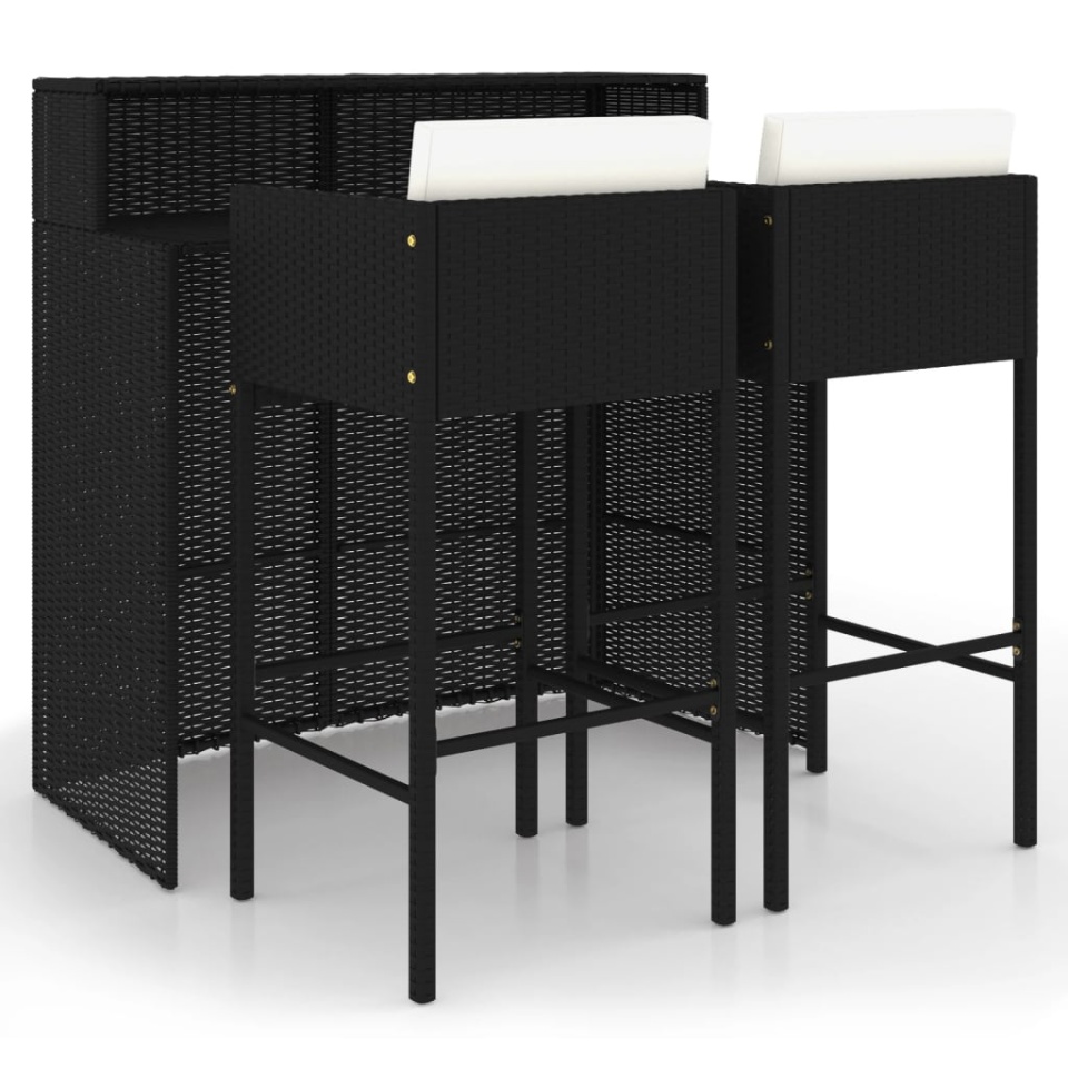 Set mobilier bar de grădină cu perne, 3 piese, negru, poliratan - 1 | YEO