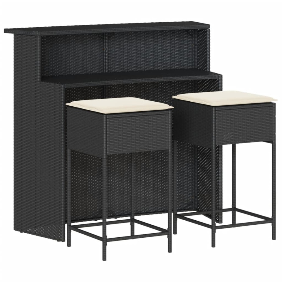 Set mobilier bar de grădină cu perne, 3 piese, negru, poliratan - 1 | YEO
