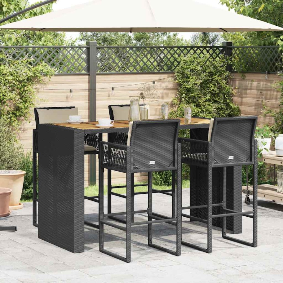 Set mobilier bar de grădină cu perne, 5 piese, negru, poliratan - 2 | YEO