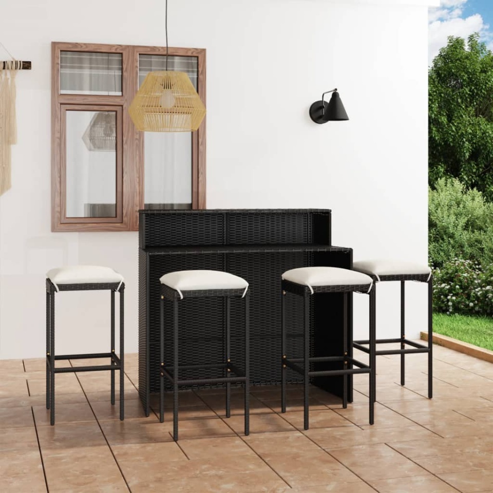Set mobilier bar de grădină cu perne, 5 piese, negru