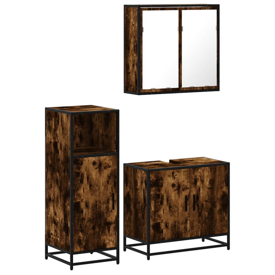 Set mobilier de baie, 3 piese, stejar fumuriu, lemn prelucrat - 1 | YEO