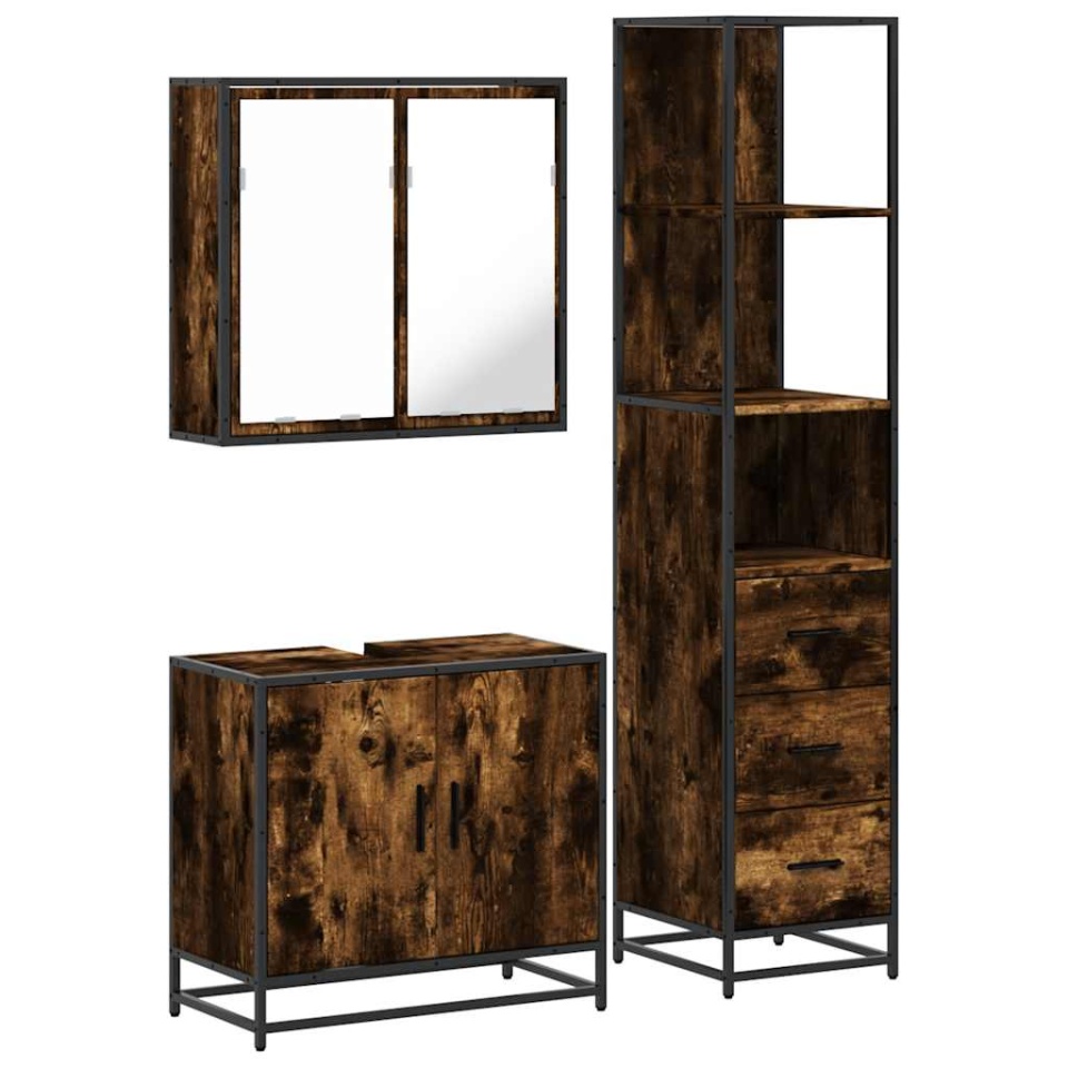 Set mobilier de baie, 3 piese, stejar fumuriu, lemn prelucrat - 1 | YEO