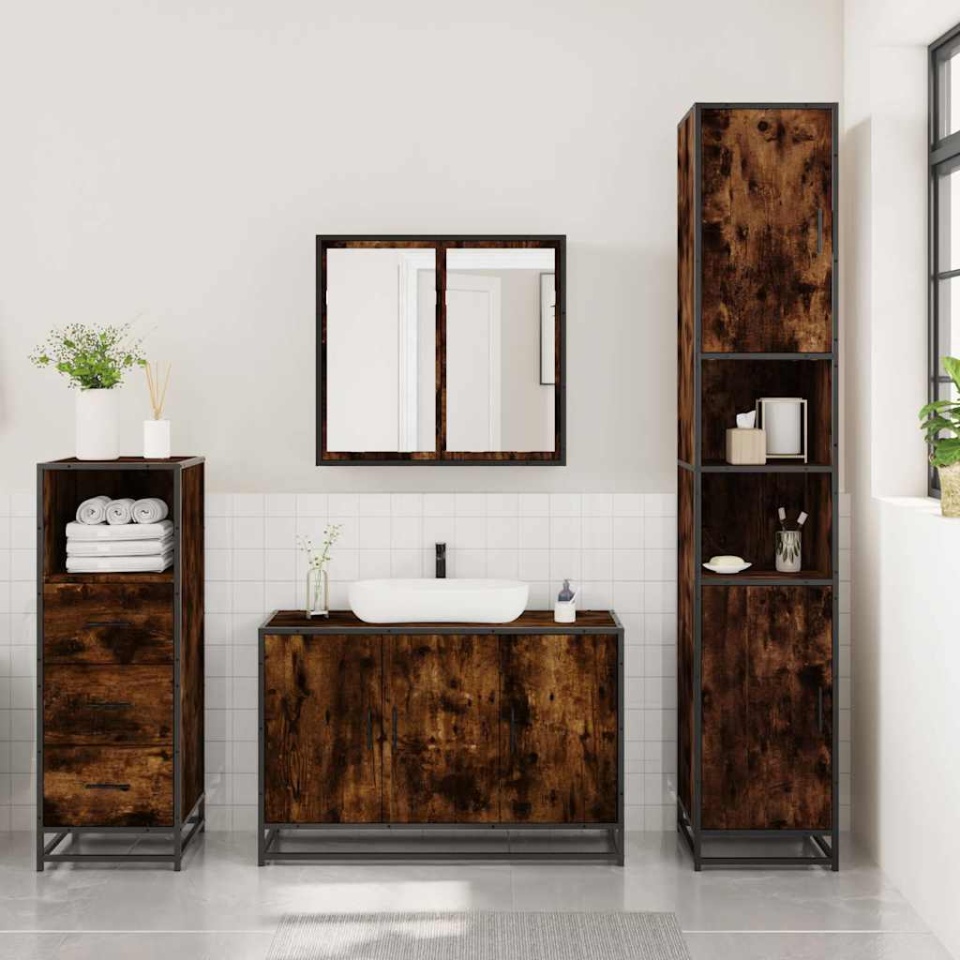 Set mobilier de baie, 3 piese, stejar fumuriu, lemn prelucrat - 2 | YEO