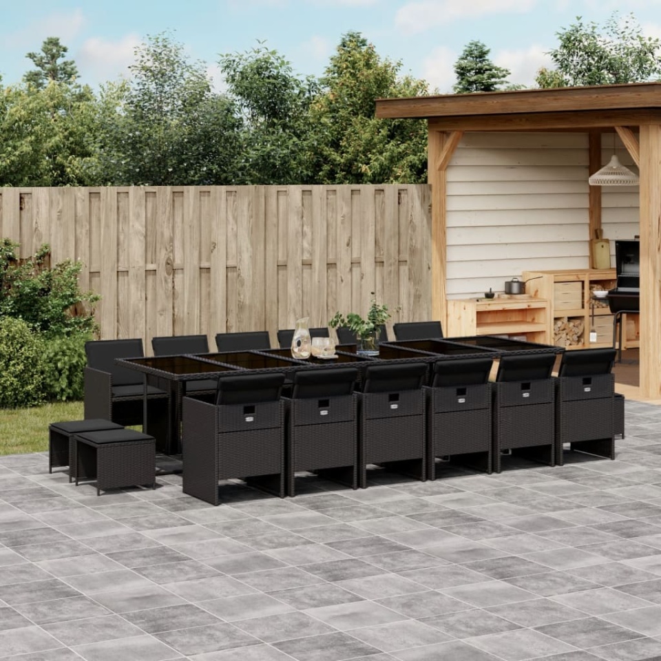 Set mobilier de grădină cu perne, 17 piese, negru, poliratan