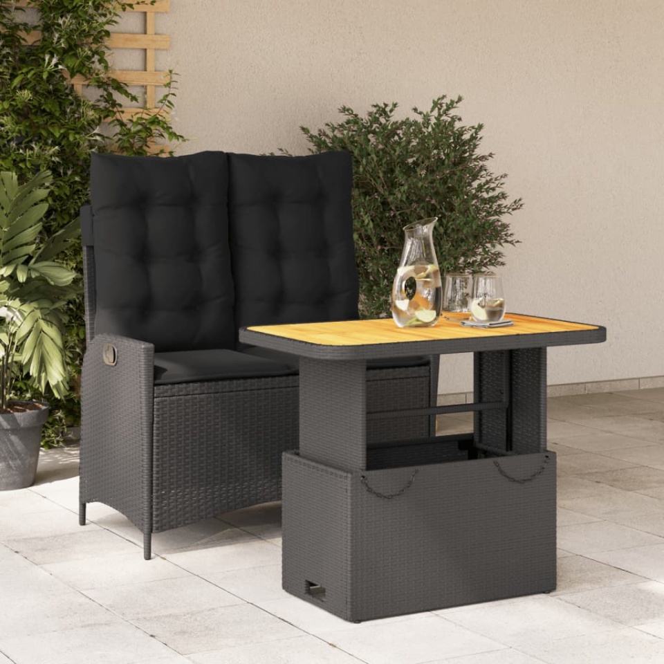 Set mobilier de grădină cu perne, 2 piese, negru, poliratan
