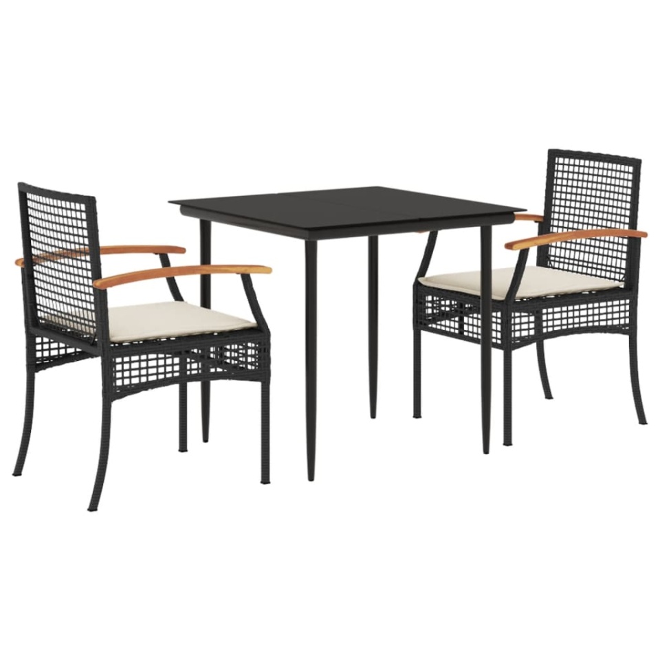 Set mobilier de grădină cu perne, 3 piese, negru, poliratan - 1 | YEO