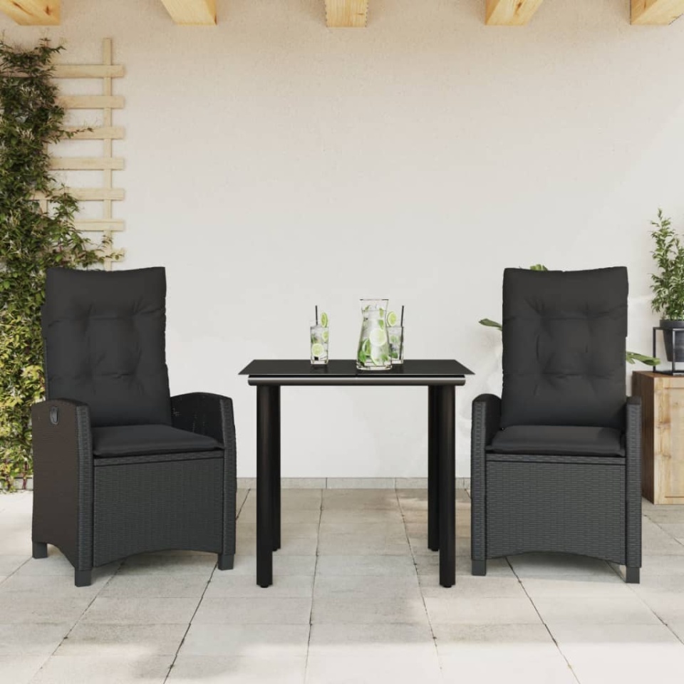 Set mobilier de grădină cu perne, 3 piese, negru, poliratan