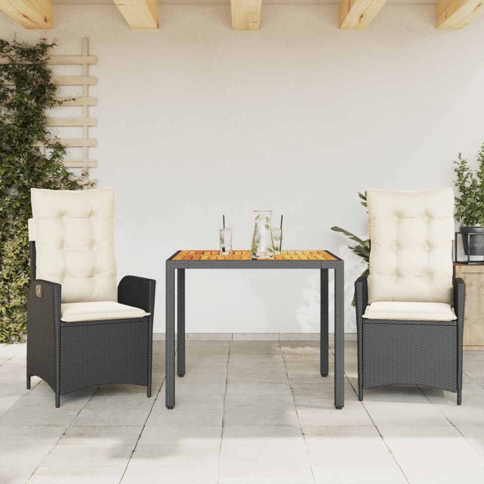 Set mobilier de grădină cu perne, 3 piese, negru, poliratan