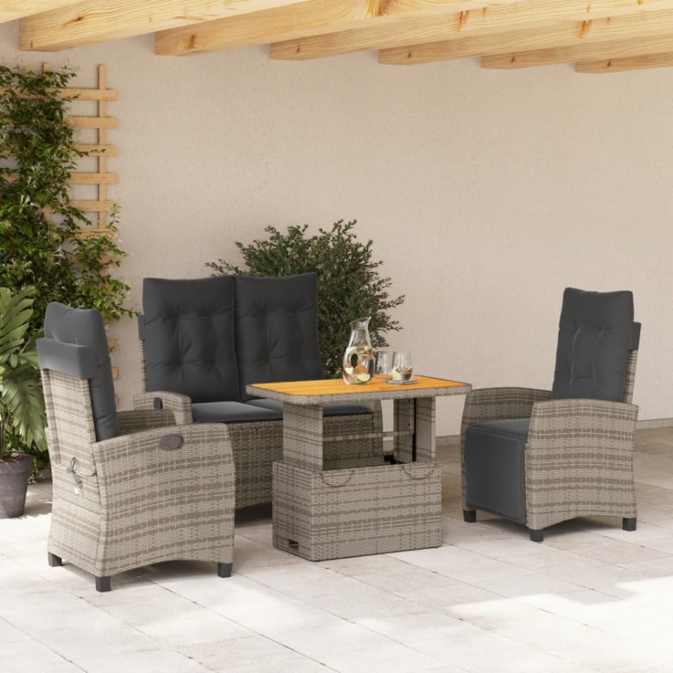 Set mobilier de grădină cu perne, 4 piese, gri, poliratan