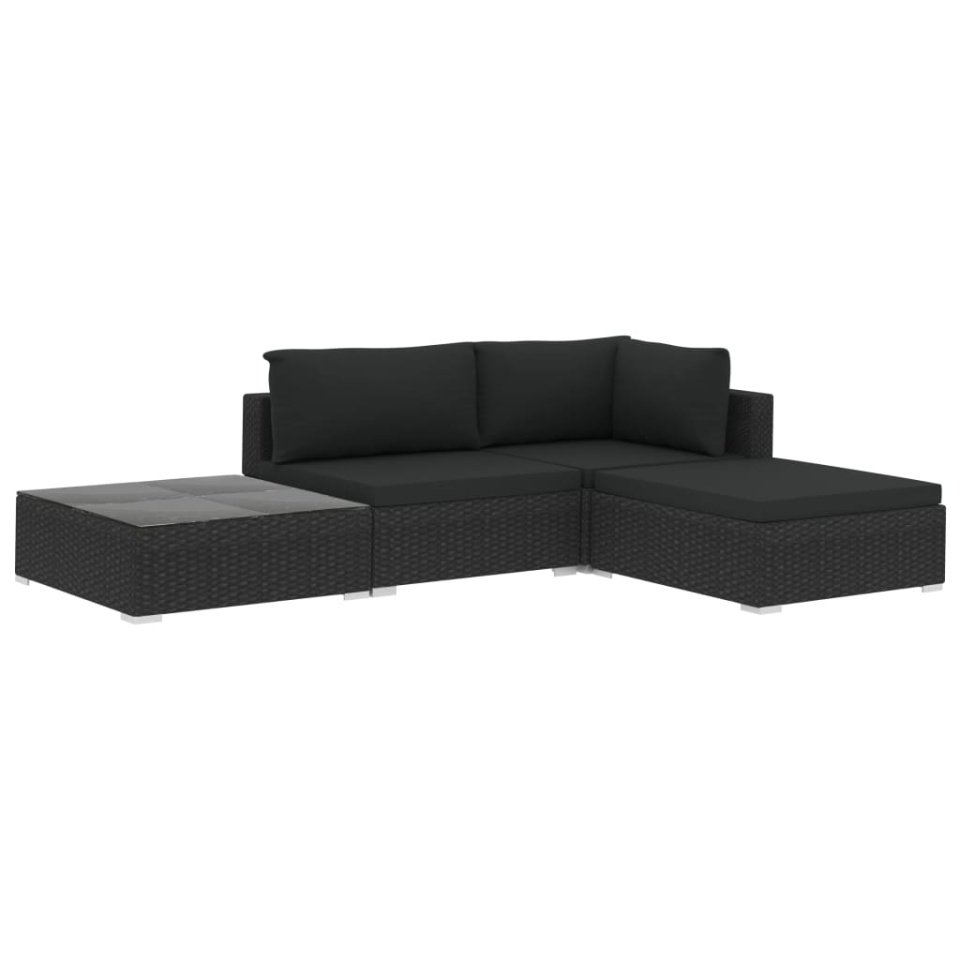 Set mobilier de grădină cu perne, 4 piese, negru, poliratan - 1 | YEO