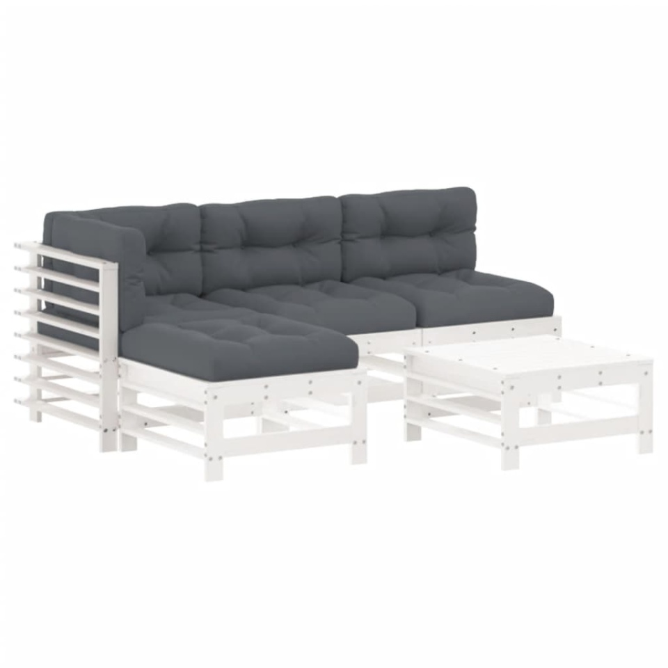 Set mobilier de grădină cu perne, 5 piese, alb, lemn masiv - 1 | YEO