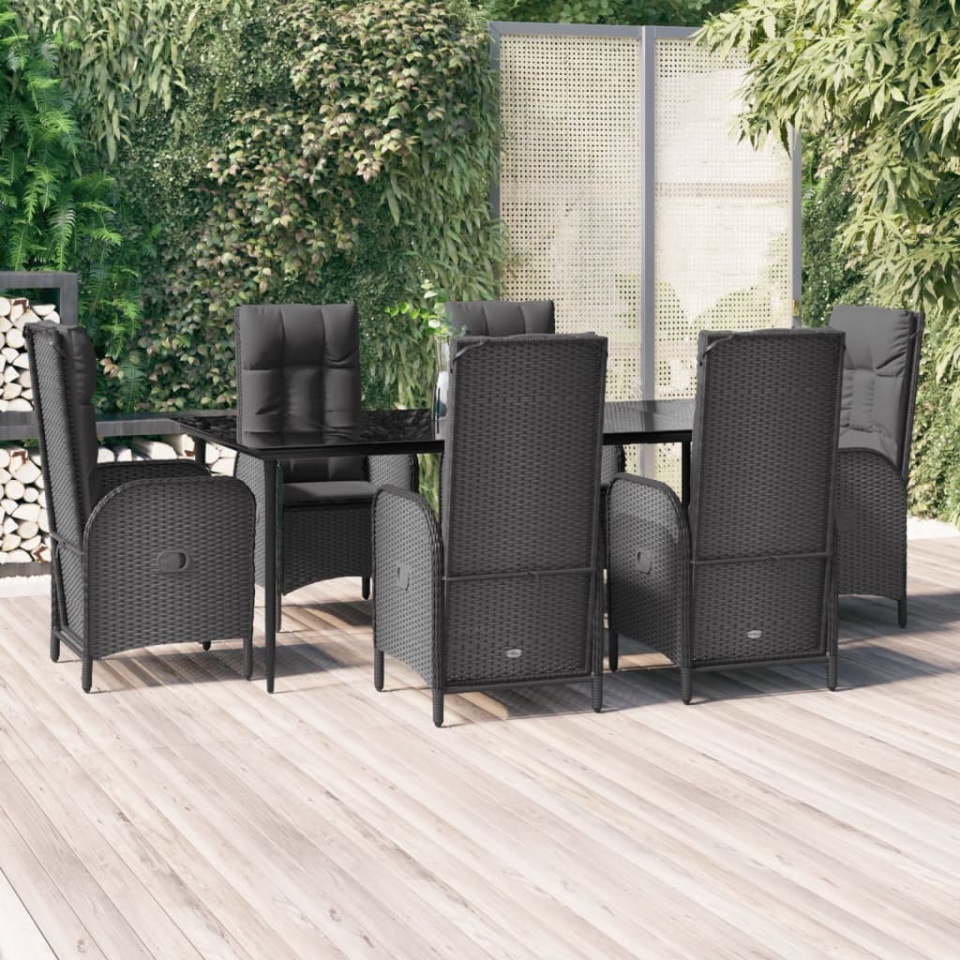 Set mobilier de grădină cu perne, 7 piese, negru, poliratan